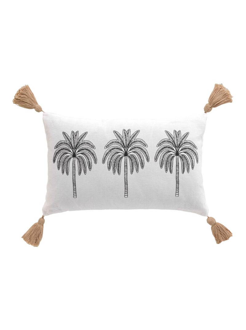 Coussin déhoussable 30x50 cm – Imprimé palmier "OASIA" avec pompons Blanc - Kiabi
