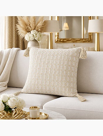 Coussin déhoussable à pompons 40 x 40 cm jacquard fils métallisés perla