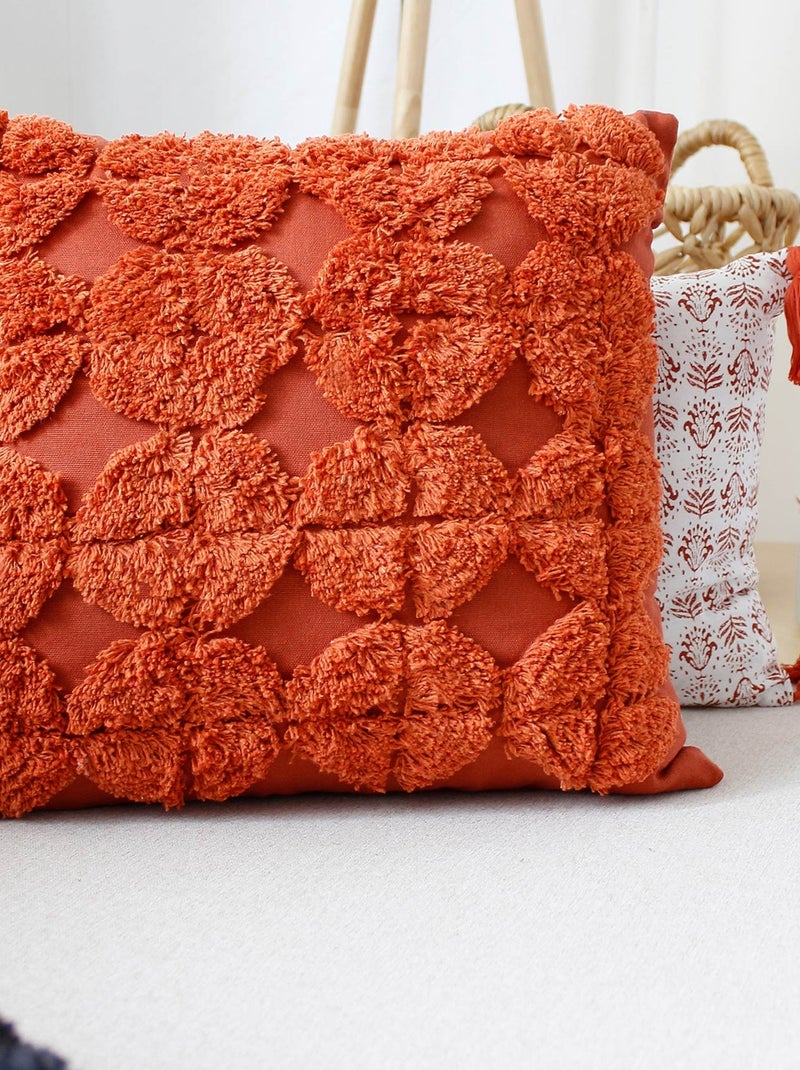 Coussin déhoussable aux broderies  - Effet laine Rouge brique - Kiabi