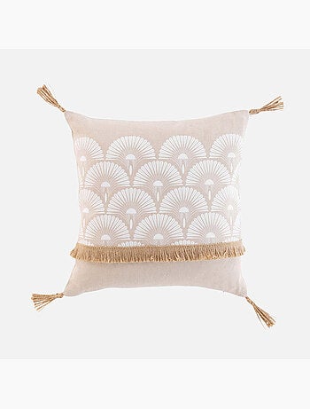 Coussin déhoussable avec pompons – 40 x 40 cm – Polycoton imprimé & jute Bahina Blanc