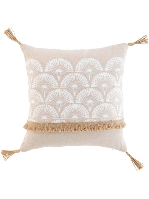Coussin déhoussable avec pompons – 40 x 40 cm – Polycoton imprimé & jute Bahina Blanc - Kiabi
