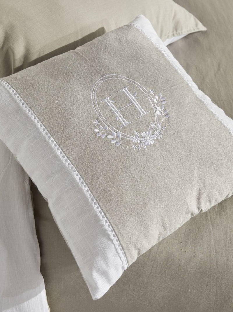 coussin déhoussable brodéet dentelle coton uni CHARME Beige - Kiabi