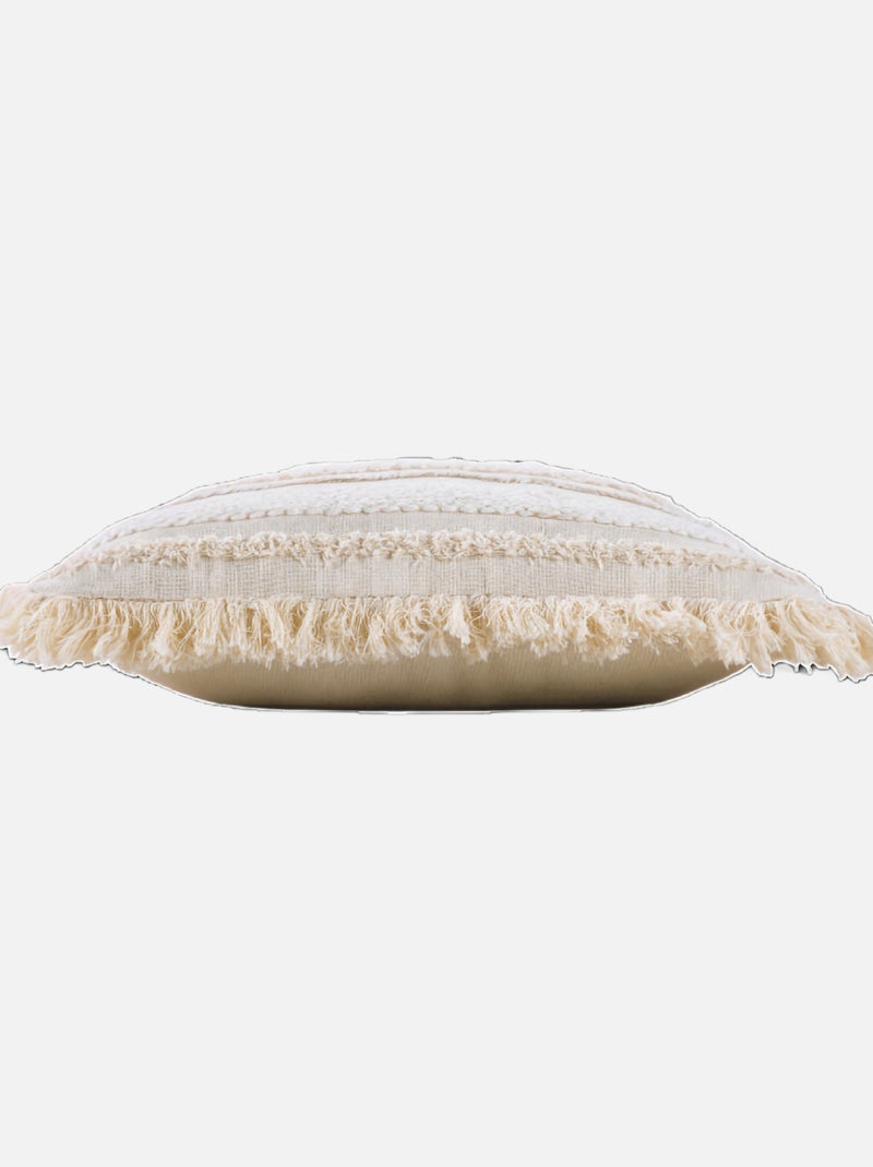 Coussin déhoussable en coton tissé avec franges et rayures en relief Beige coquille - Kiabi