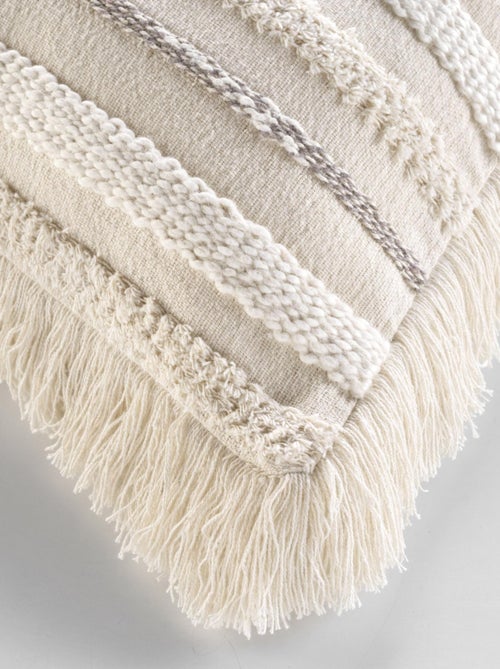 Coussin déhoussable en coton tissé avec franges et rayures en relief - Kiabi