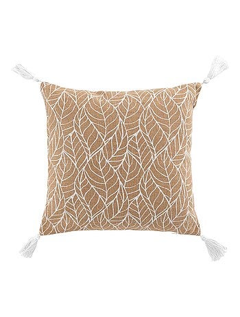 Coussin déhoussable en jute imprimé feuilles