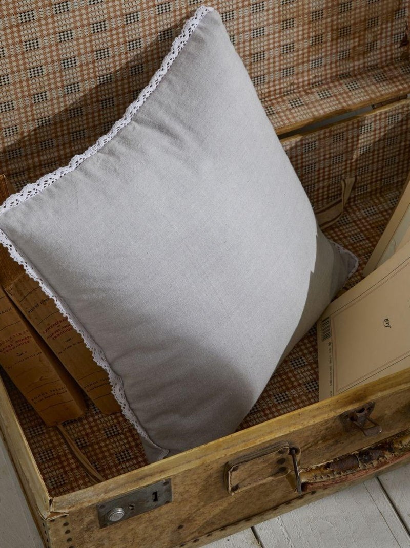 Coussin déhoussable finition dentelle coton uni CHARME Gris - Kiabi