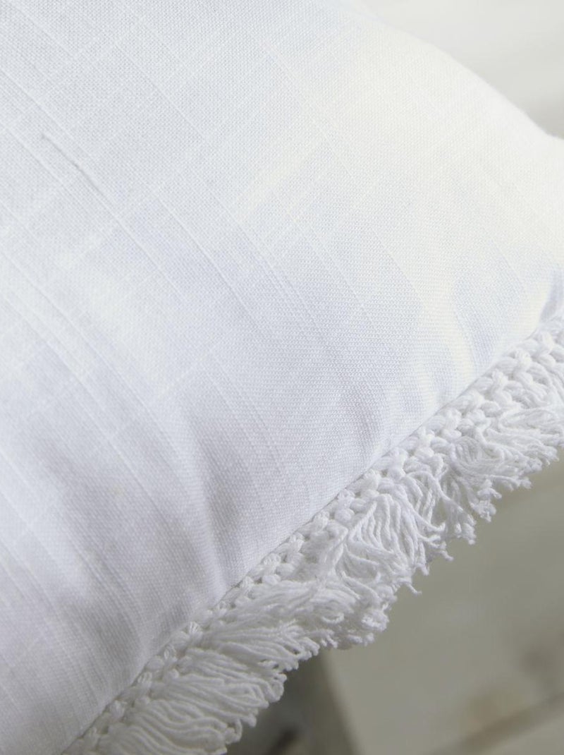Coussin déhoussable finition franges coton uni CHARME Blanc - Kiabi