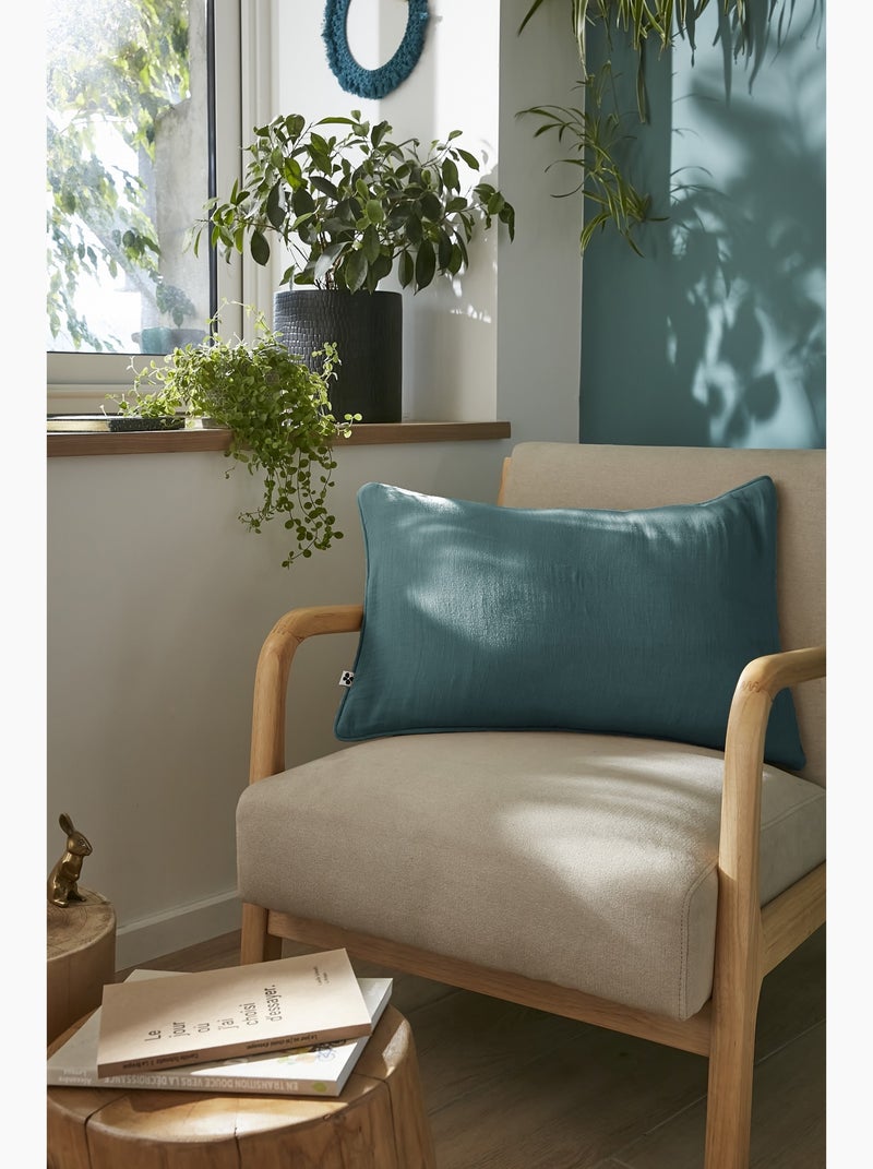 Coussin déhoussable GAIA Gaze de coton avec passepoil élégant Bleu canard - Kiabi