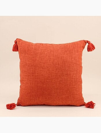 Coussin déperlant tissé orange avec pompons 45x45cm