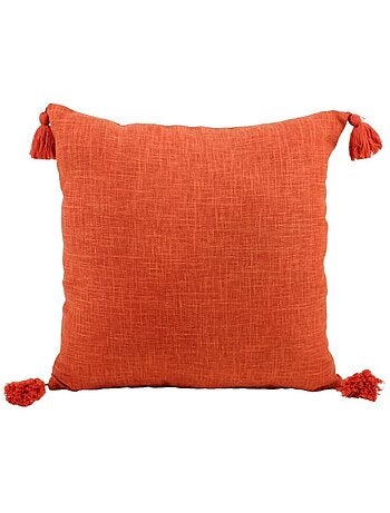 Coussin déperlant tissé orange avec pompons 45x45cm