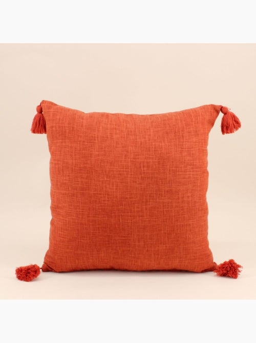 Coussin déperlant tissé orange avec pompons 45x45cm - Kiabi