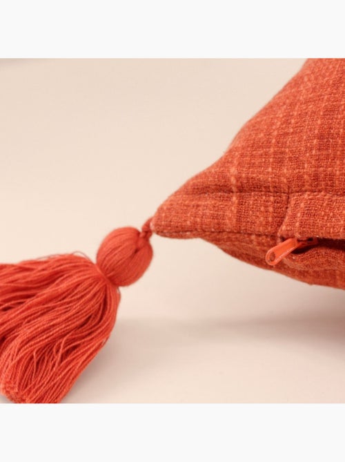 Coussin déperlant tissé orange avec pompons 45x45cm - Kiabi