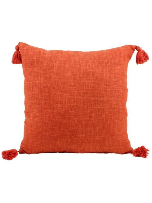 Coussin déperlant tissé orange avec pompons 45x45cm - Kiabi