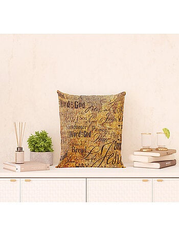 Coussin doré avec écriture - 45 cm x 45 cm
