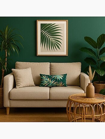 Coussin effet lin motifs feuillage vert 30x50cm