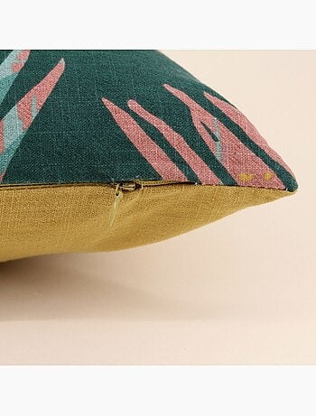 Coussin effet lin motifs feuillage vert 30x50cm