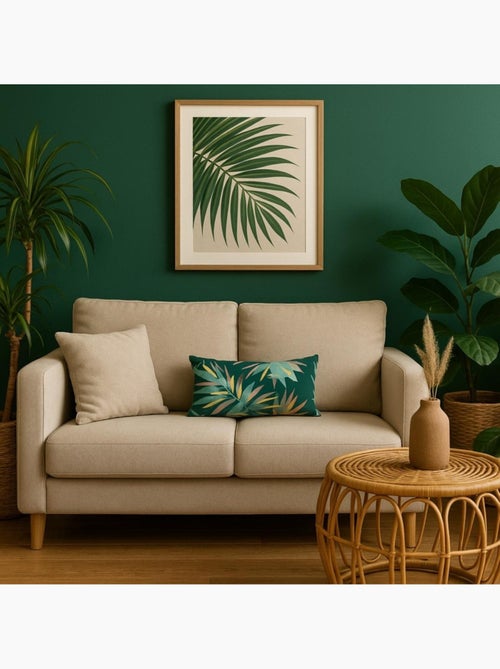 Coussin effet lin motifs feuillage vert 30x50cm - Kiabi