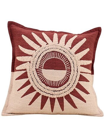 Coussin en coton flammé motif soleil brodé terracotta 45x45cm