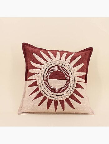 Coussin en coton flammé motif soleil brodé terracotta 45x45cm