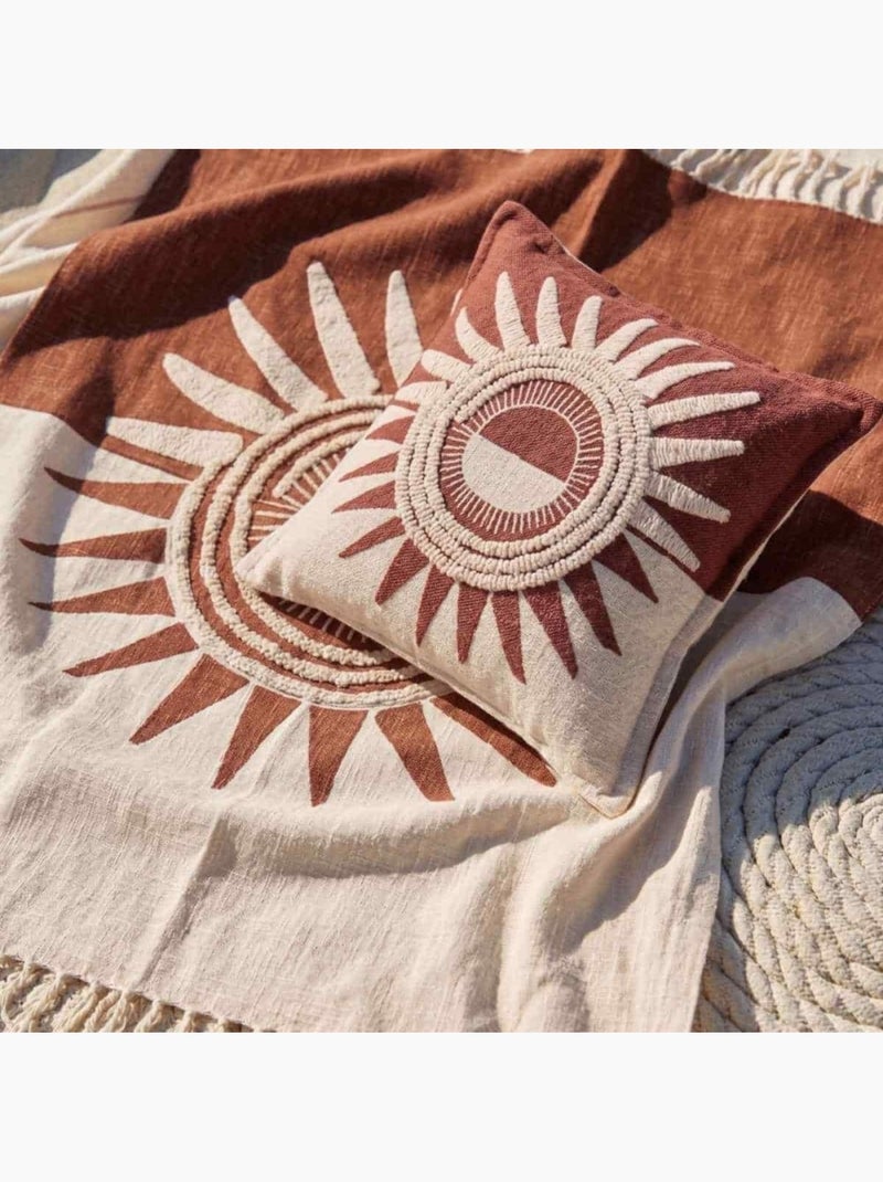 Coussin en coton flammé motif soleil brodé terracotta 45x45cm Terre cuite - Kiabi
