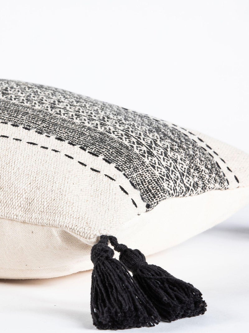Coussin en coton imprimé avec pompons AFRICA 'Deko&co' Blanc Noir Gris - Kiabi