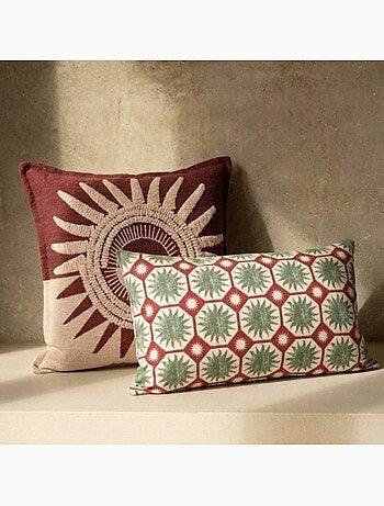 Coussin en coton imprimé soleil vert 30x50cm