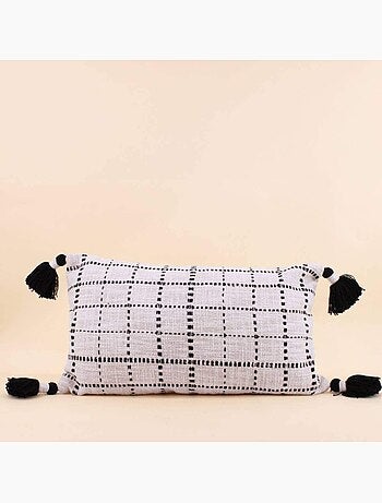 Coussin en coton tissé finition pompons beige, noir 30x50cm
