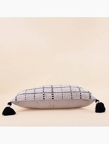 Coussin en coton tissé finition pompons beige, noir 30x50cm