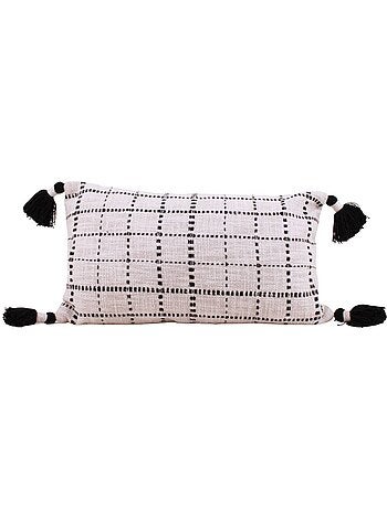 Coussin en coton tissé finition pompons beige, noir 30x50cm