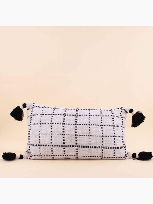 Coussin en coton tissé finition pompons beige, noir 30x50cm - Kiabi