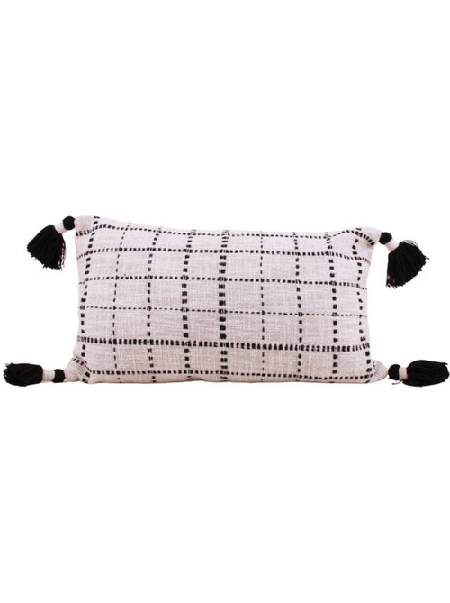 Coussin en coton tissé finition pompons beige, noir 30x50cm - Kiabi