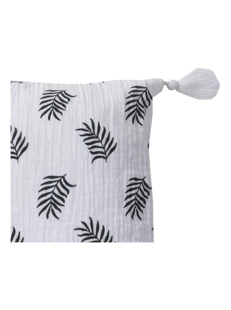 Coussin en double gaze de coton avec imprimé feuillage 'Deko&co' Blanc Gris anthracite - Kiabi