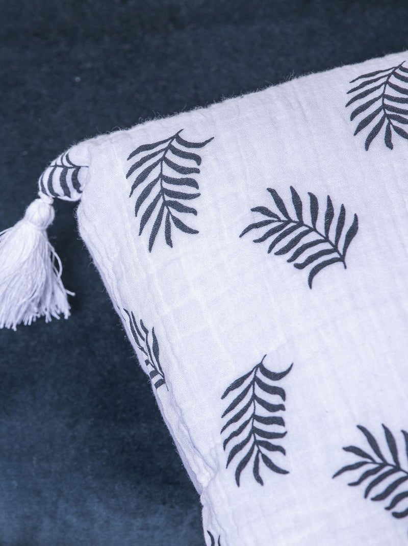 Coussin en double gaze de coton avec imprimé feuillage 'Deko&co' Blanc Gris anthracite - Kiabi