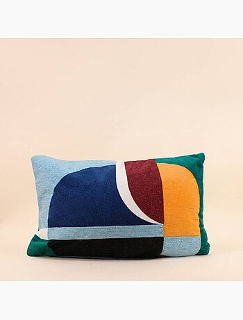 Coussin en velours de coton imprimé rebrodé multicolor 30x50cm