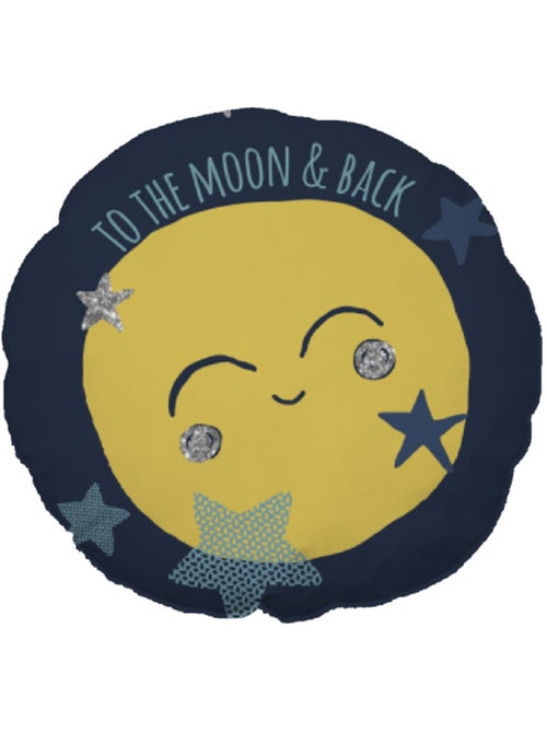 Coussin enfant 'Future Home' – Lune bleue et jaune 35 cm coton - Kiabi