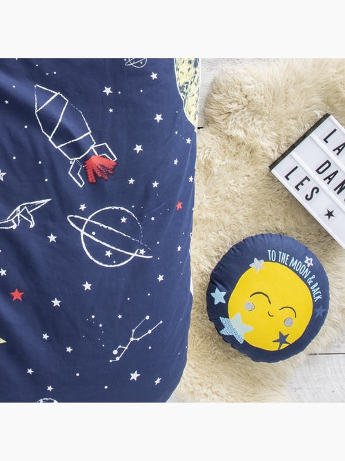 Coussin enfant 'Future Home' – Lune bleue et jaune 35 cm coton - Kiabi