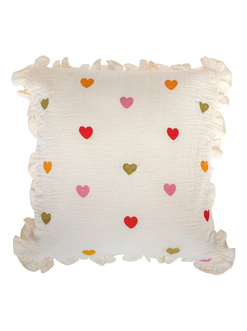Coussin gaze de coton volants et coeurs brodés Blanc - Kiabi