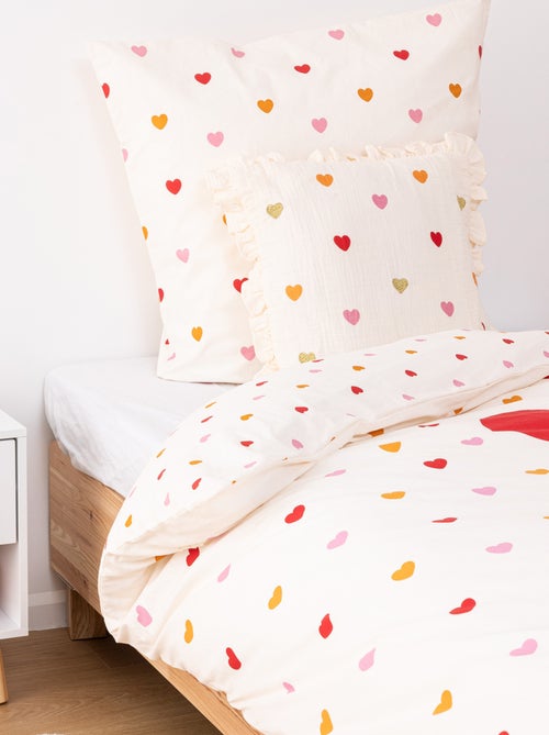 Coussin gaze de coton volants et coeurs brodés - Kiabi