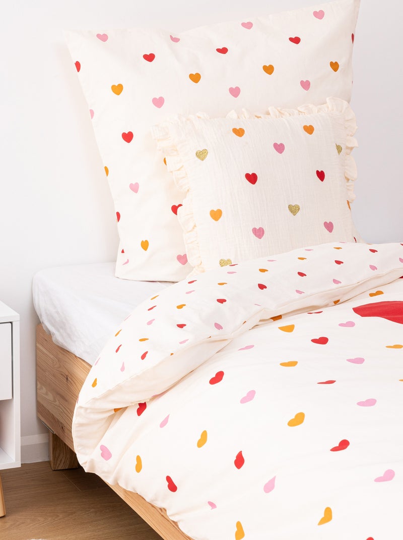 Coussin gaze de coton volants et coeurs brodés Blanc - Kiabi
