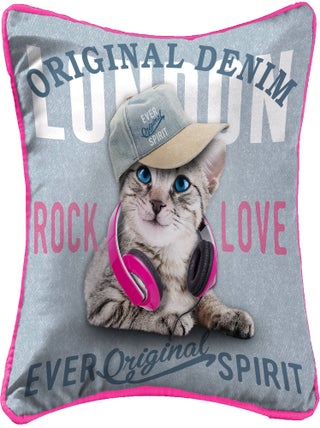 Coussin Passepoil polyester imprime Modele Chat Rock Love Londres 40 x 40 cm