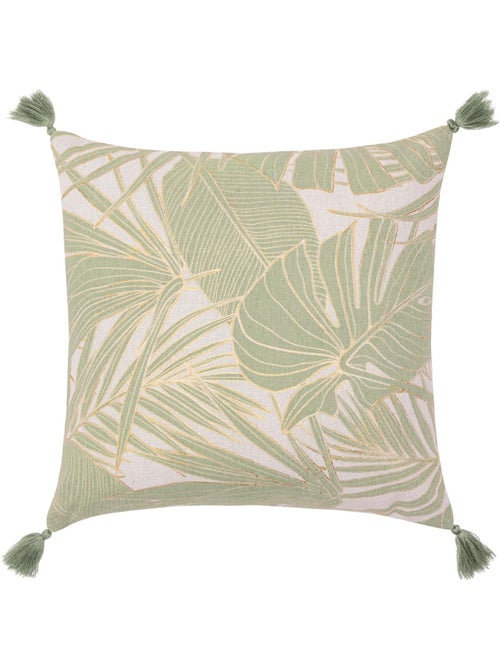 Coussin polycoton feuillages tropicaux métallisé à pompons - Kiabi Coussin polycoton feuillages tropicaux métallisé à pompons - Kiabi
