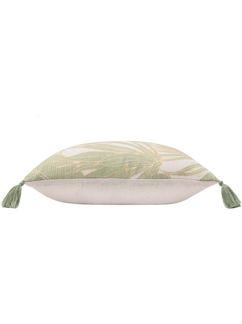 Coussin polycoton feuillages tropicaux métallisé à pompons Vert - Kiabi