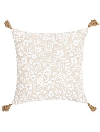 Coussin polycoton imprimé floral à pompons