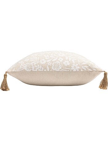 Coussin polycoton imprimé floral à pompons