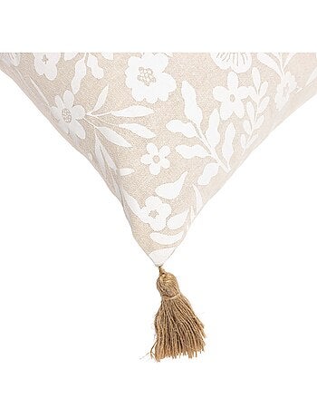 Coussin polycoton imprimé floral à pompons