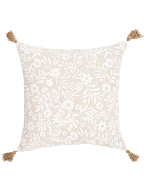 Coussin polycoton imprimé floral à pompons - Kiabi
