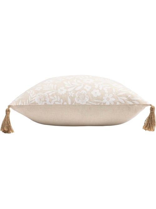 Coussin polycoton imprimé floral à pompons - Kiabi