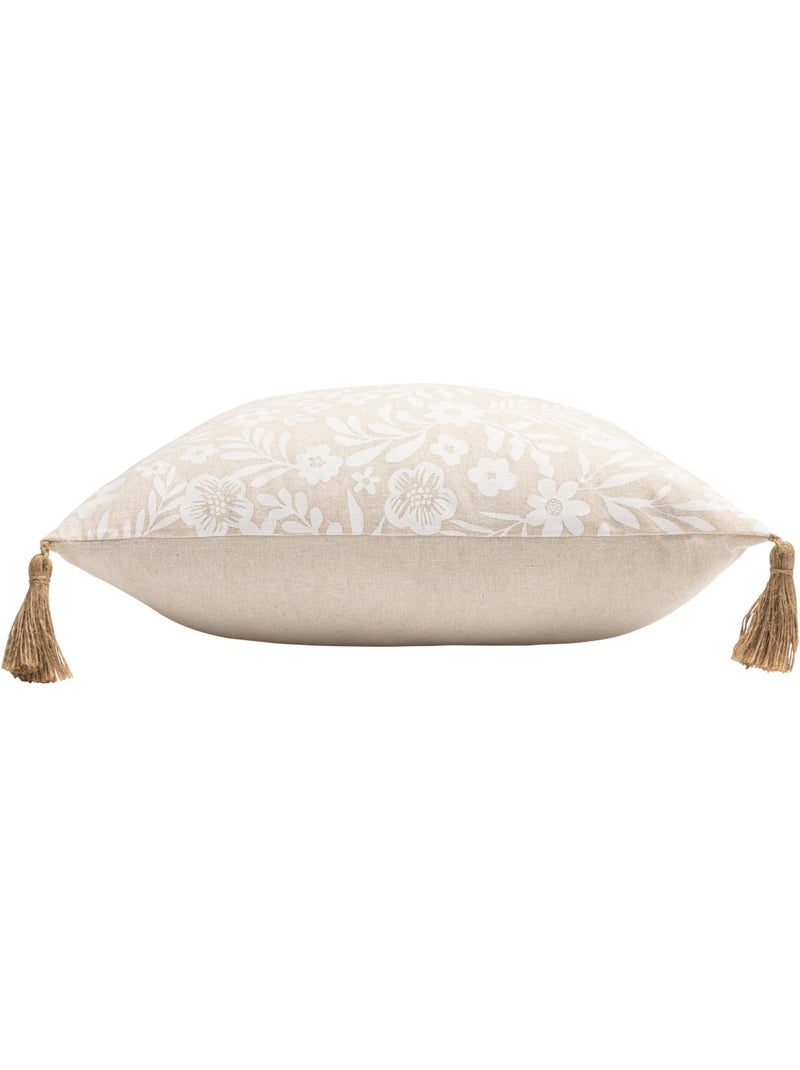 Coussin polycoton imprimé floral à pompons Beige coquille - Kiabi