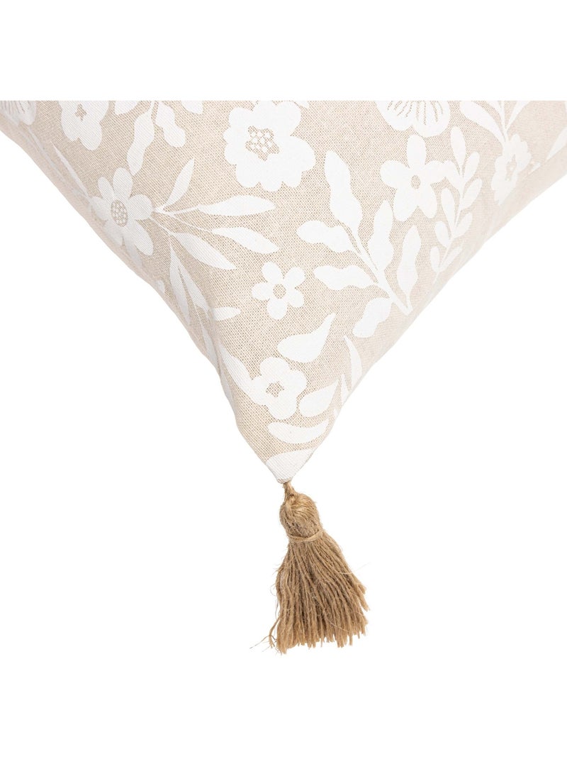 Coussin polycoton imprimé floral à pompons Beige coquille - Kiabi