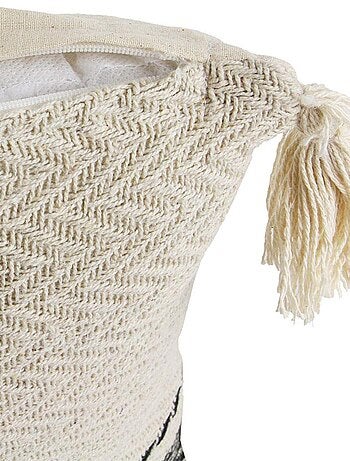 Coussin pompons avec rayures berbère beige